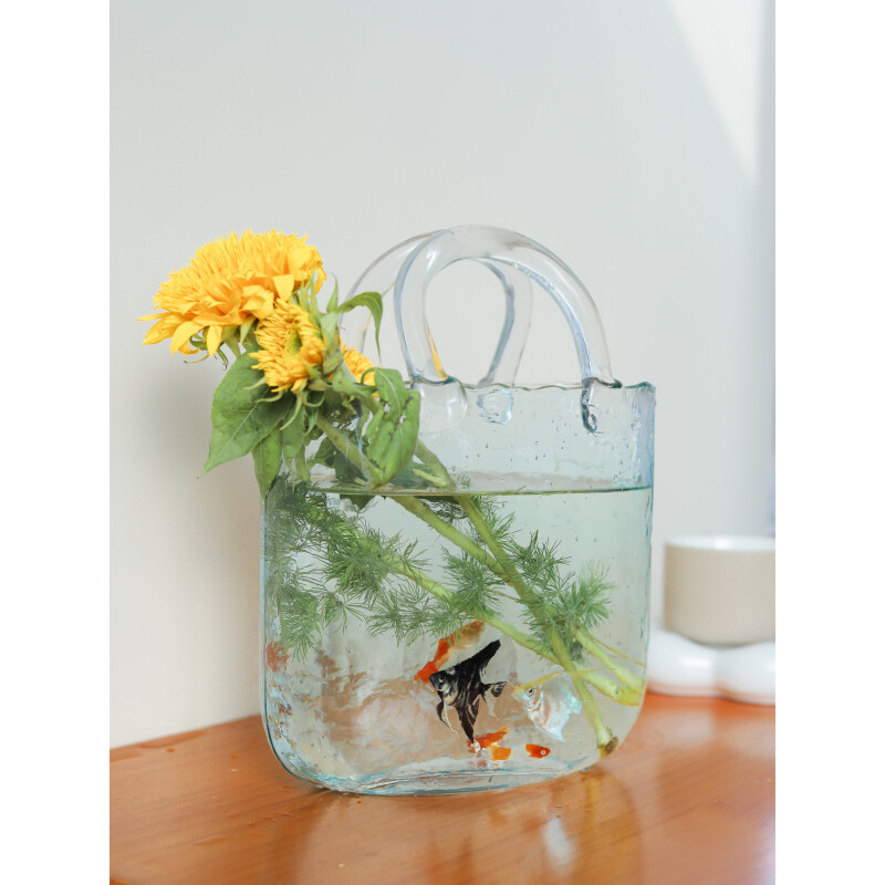 TY 包包手提玻璃花瓶网红ins创意水培透明包包花瓶手提包包鱼缸