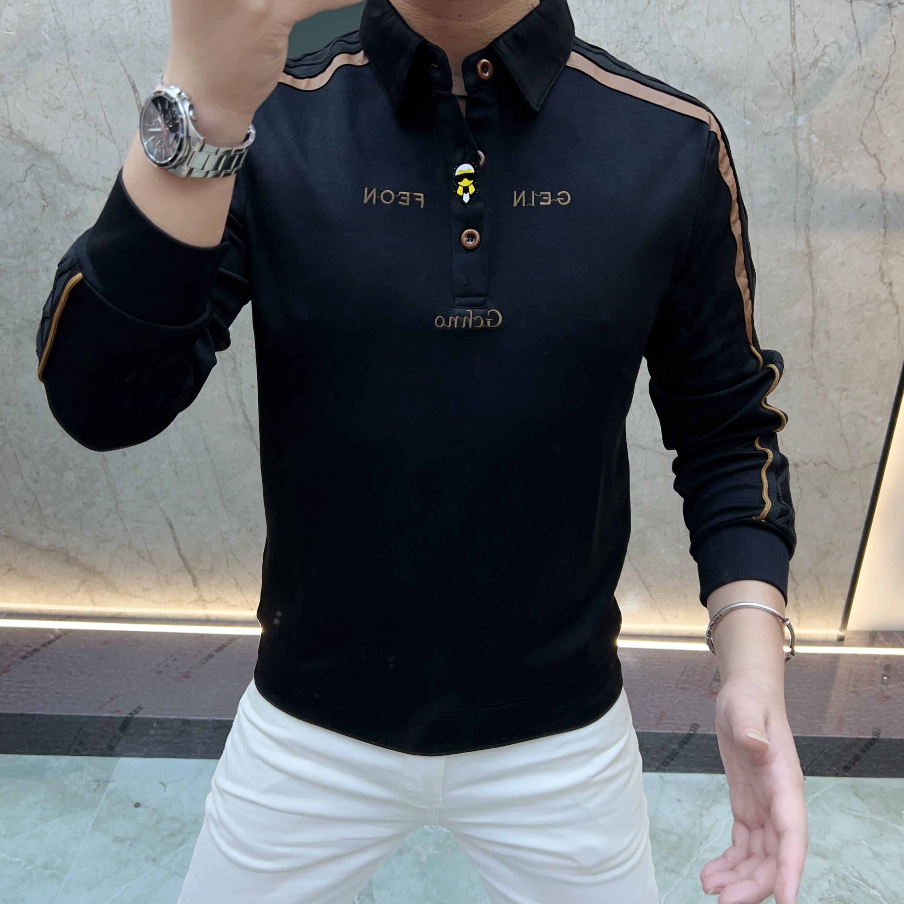 欧货男装时尚休闲商务翻领轻奢空气棉款百搭透气上衣秋潮流宽松型