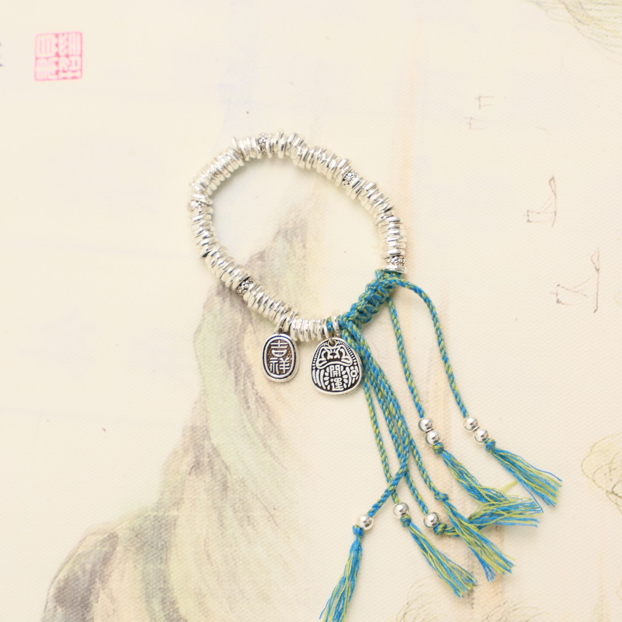 足银手链 足银开运吉祥牌绿绳盘缠手链时尚百搭民族风绿盘缠