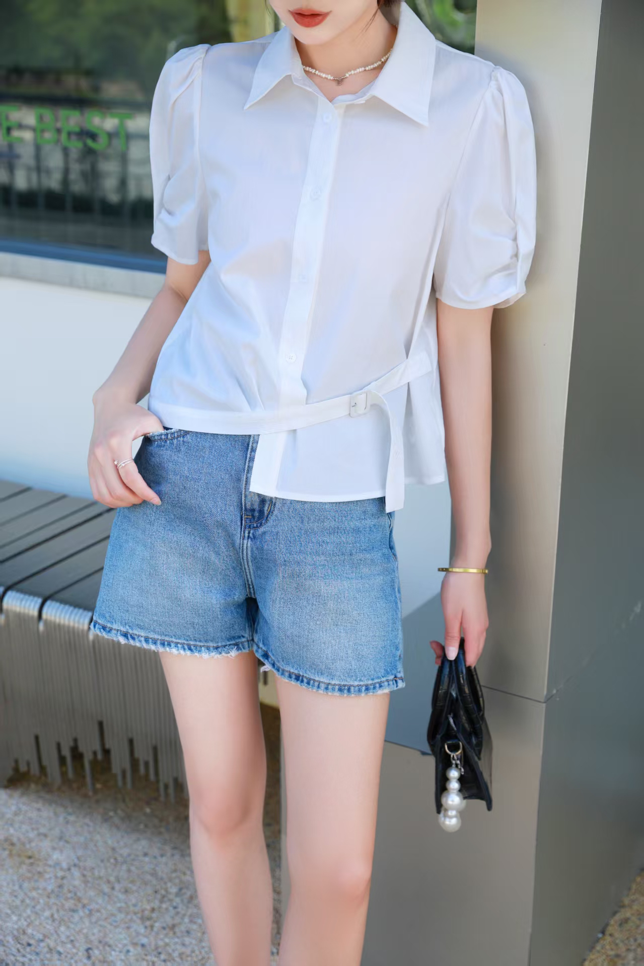 夏季新款简约系腰带收腰衬衫91515