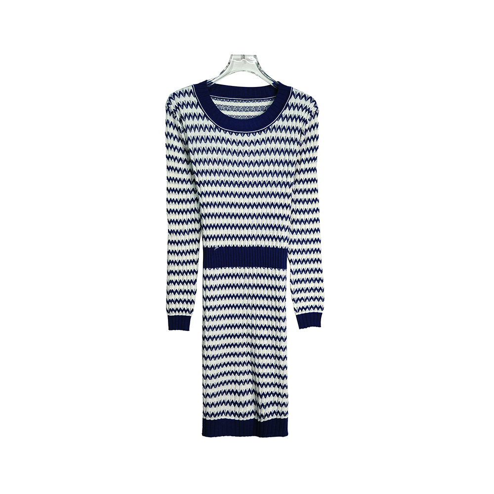 E29100【品牌撤柜】时尚气质名媛风波浪纹修身显瘦圆领连衣裙