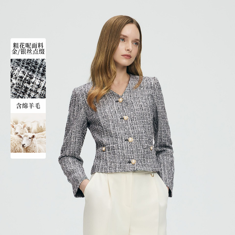 【含绵羊毛】Scofield女小香风黑白粗花呢短外套V领2025春季新品