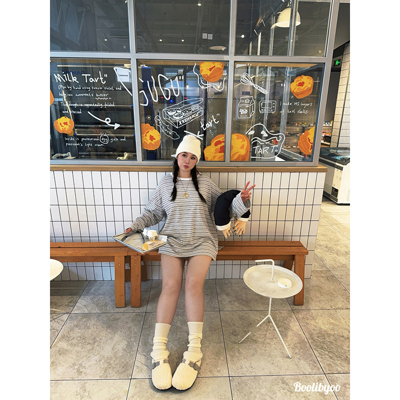 Boolibyoo韩系chill 大码韩系慵懒感休闲宽松圆领条纹长袖T恤上衣
