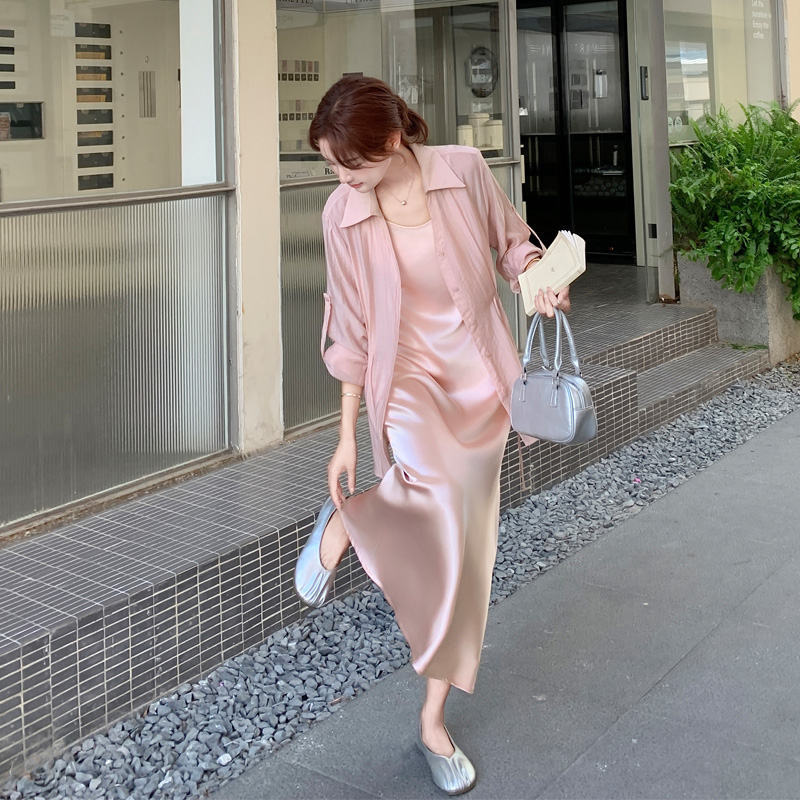 优雅气质套装裙女2025夏季新款韩系ins风冰丝防晒衬衫缎面吊带裙