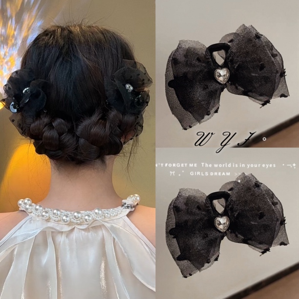 WYJ波点薄纱蝴蝶结抓夹爱心水钻甜美在逃公主鲨鱼夹发夹黑色发卡