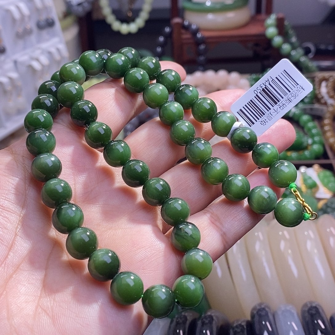 和田玉毕业级碧玉俄料高冰猫眼老矿料圆珠项链10未镶嵌