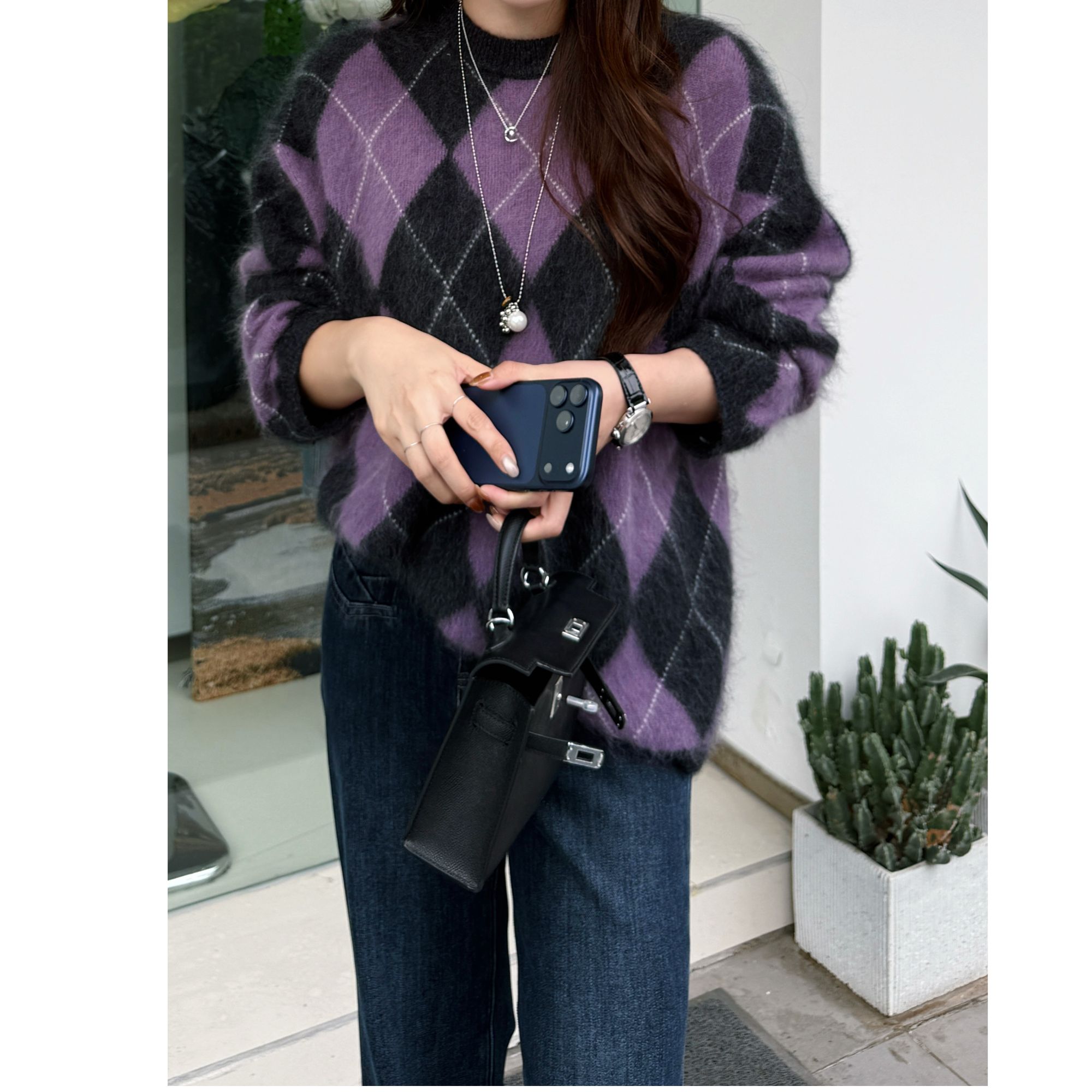 紫色菱格套头慵懒感毛衣