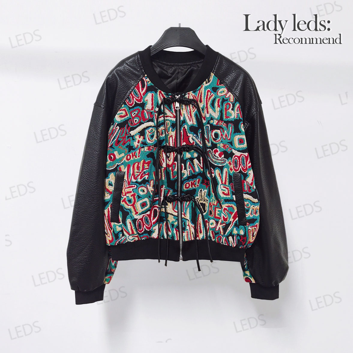 LEDS X003秋冬复古美式彩色涂鸦提花拼皮短外套