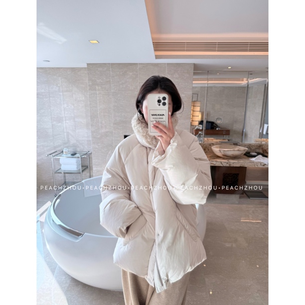 PEACHZHOU 可拆卸毛领廓形棉服宽松小立领夹棉外套休闲保暖面包服