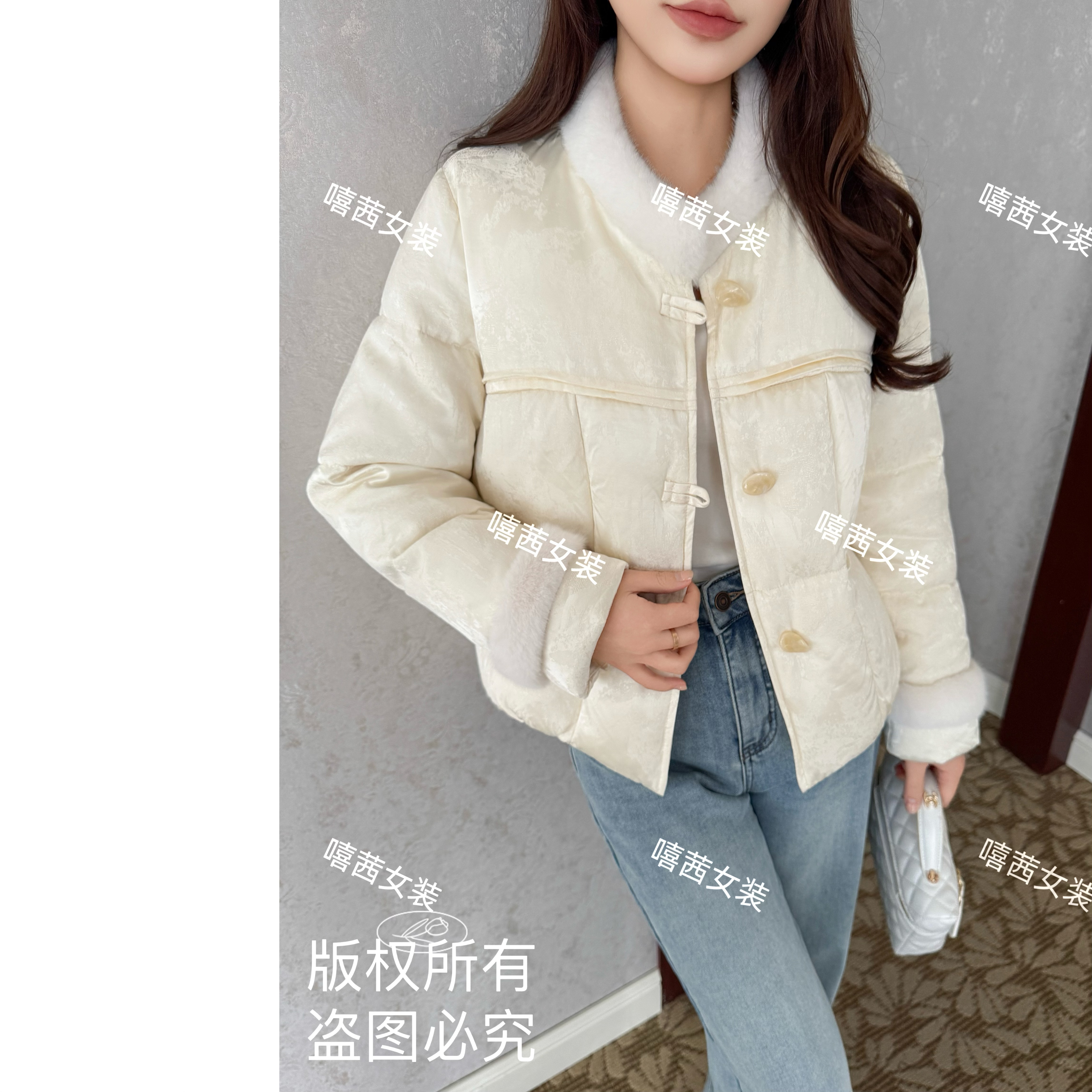 嘻茜【玉柔珠梦】立领90白鸭绒甜美拼毛保暖甜美羽绒服短款气质百搭