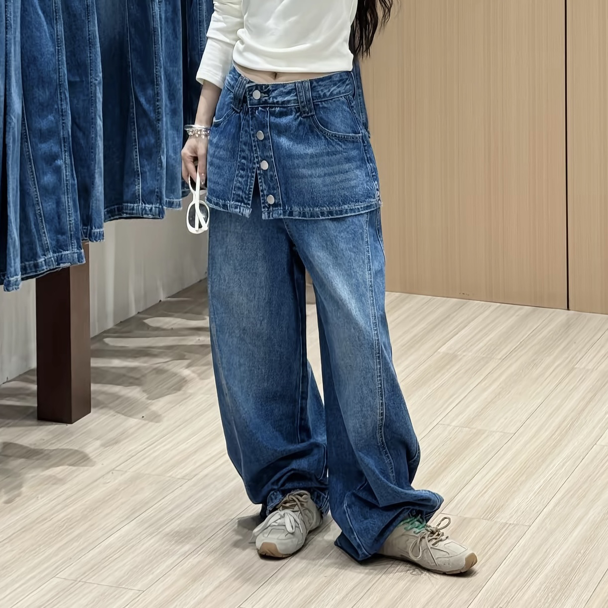 屁帘牛仔裤～新款韩版设计感假两件阔腿牛仔裤