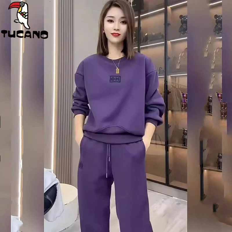 啄木鸟加绒加厚卫衣运动套装女秋冬圆领长袖上衣休闲束脚裤两件套