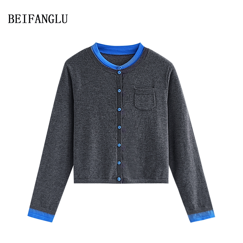 北方鹿 休闲慵懒风软糯复古假两件撞色羊毛针织开衫2977