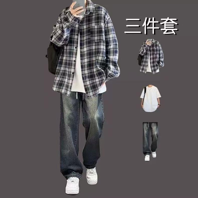 春秋港风格子衬衫男套装潮牌宽松休闲外套青少年穿搭三件套薄款