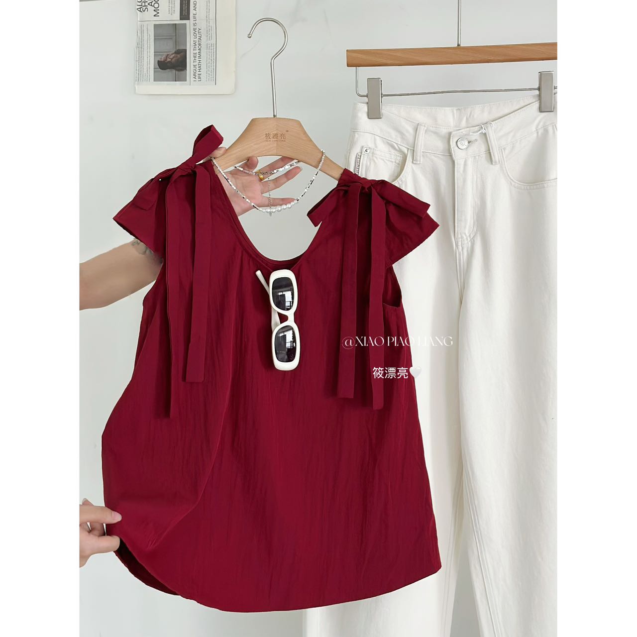 夏季减龄蝴蝶结系带纽扣设计感U领飞飞袖纯色短袖上衣2860# quan