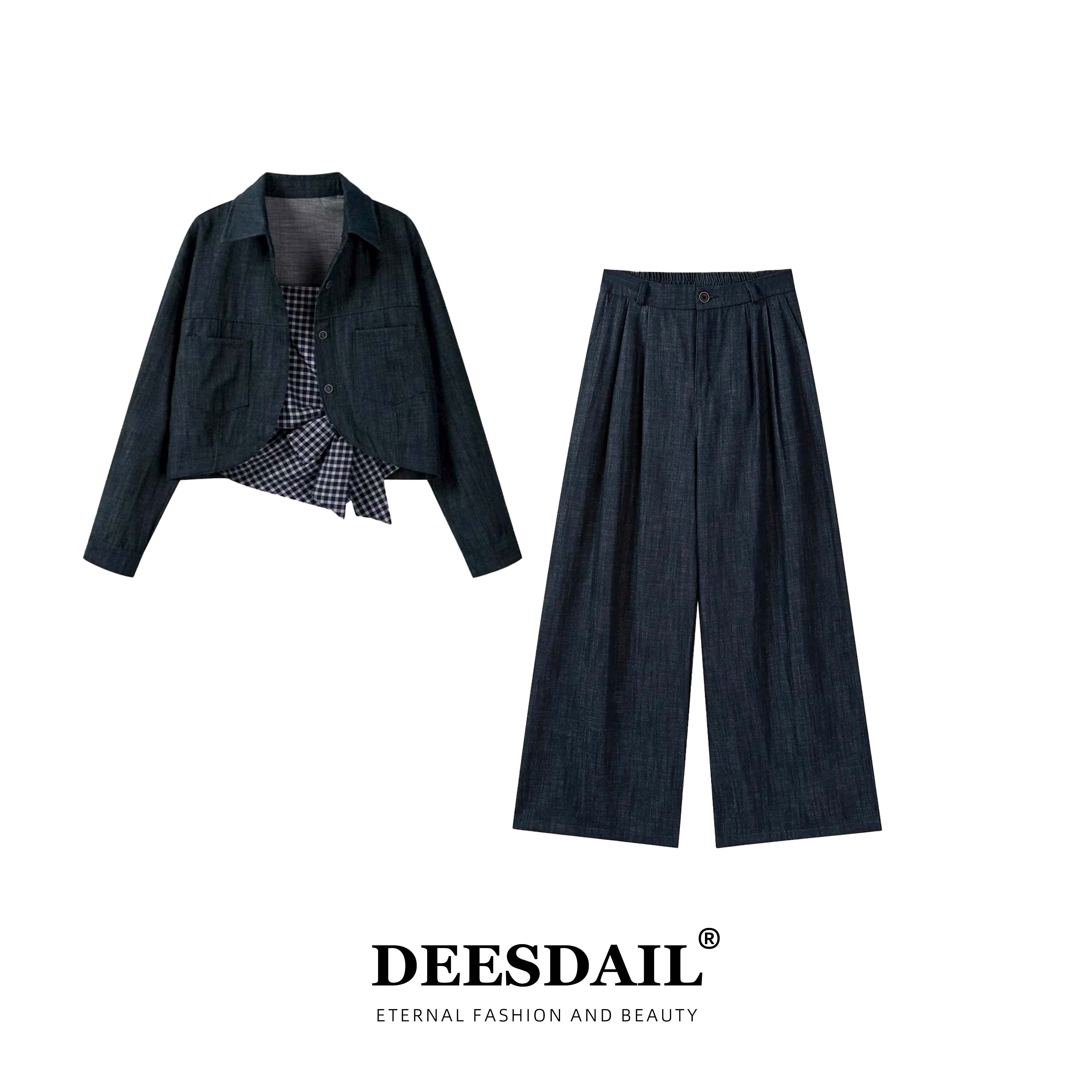 05-DEESDAIL牛仔外套格子吊带垂感直筒裤显瘦三件套装知性风Z111