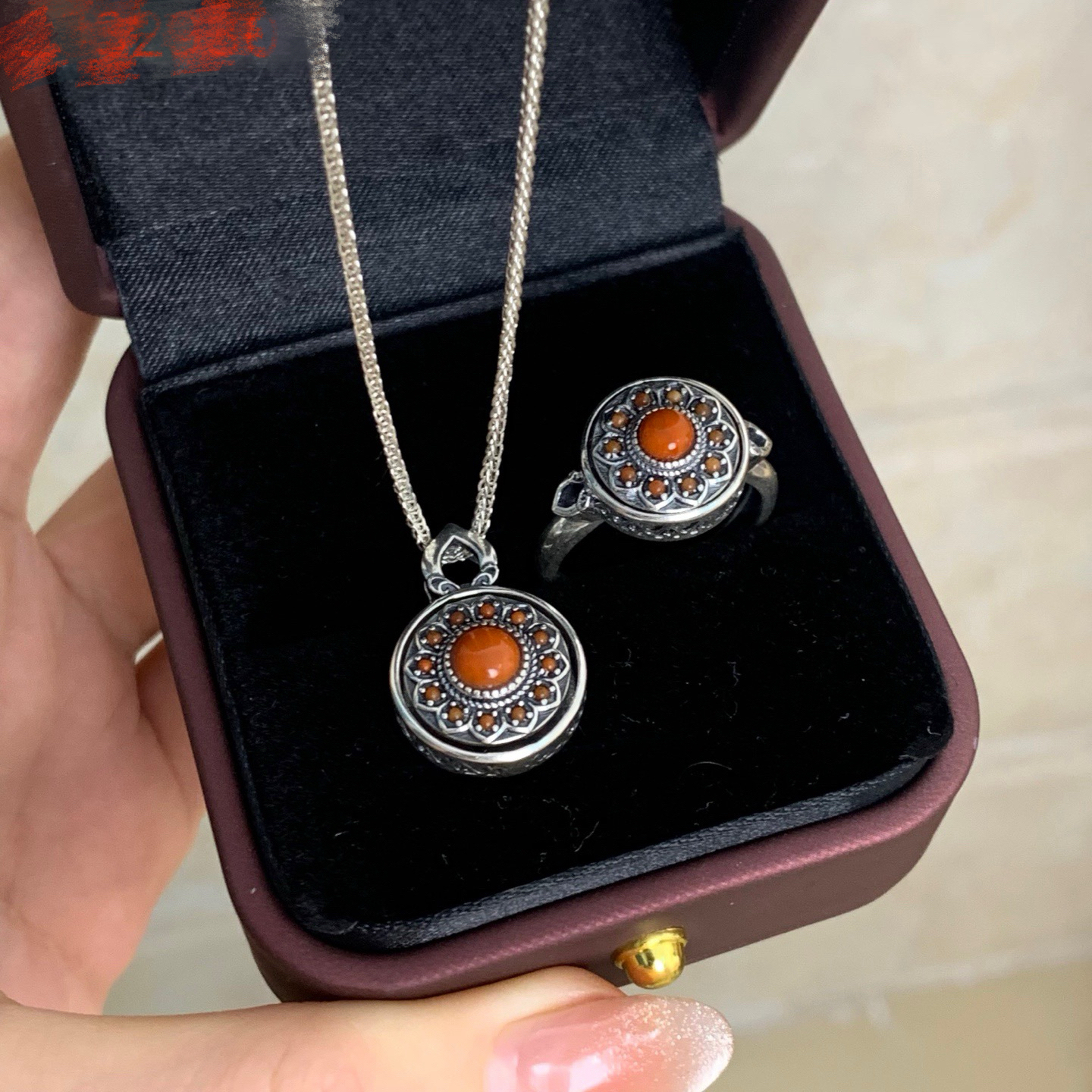 925银银制品 925银纯银复古转圈花纹戒指项链