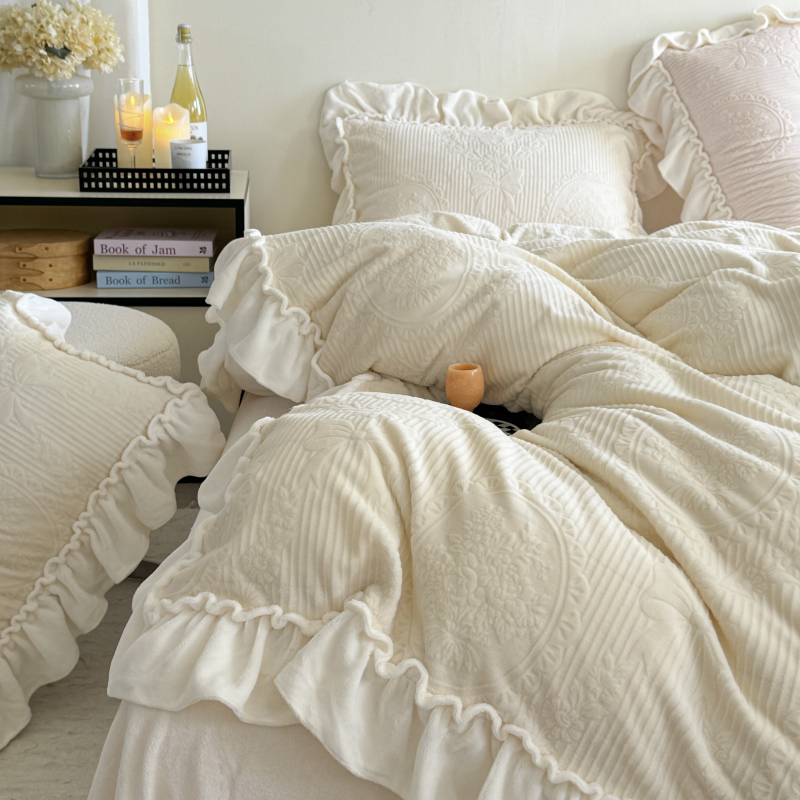 法式立体雕花绒冬季牛奶绒少女心粉色韩式床笠四件套珊瑚绒1.8m米