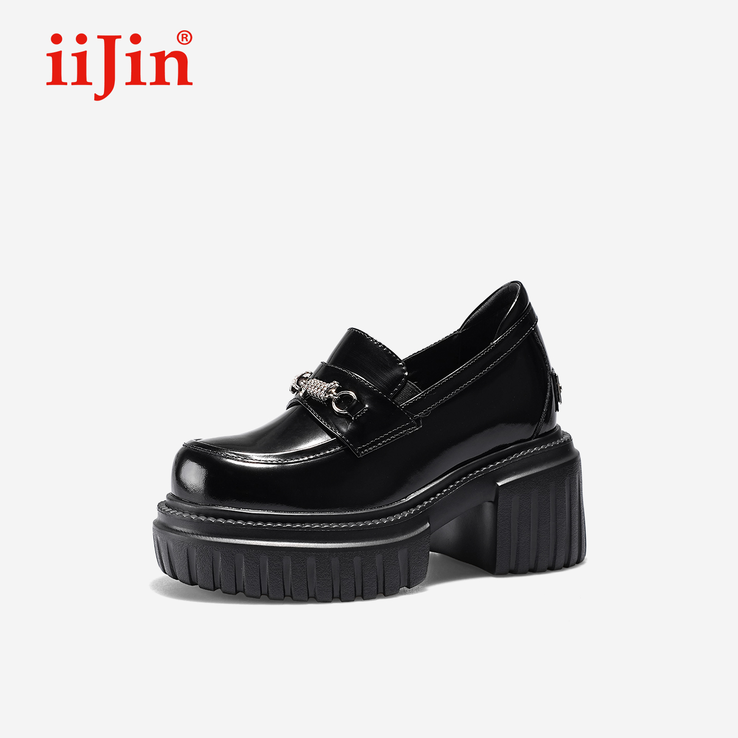 iiJin艾今25秋新品10cm厚底内增高超轻亮面钻扣乐福鞋女971DKB