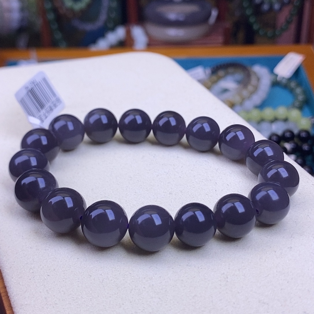 和田玉未镶嵌颈饰毕业级烟紫老料冰底葡萄紫圆珠手串12m