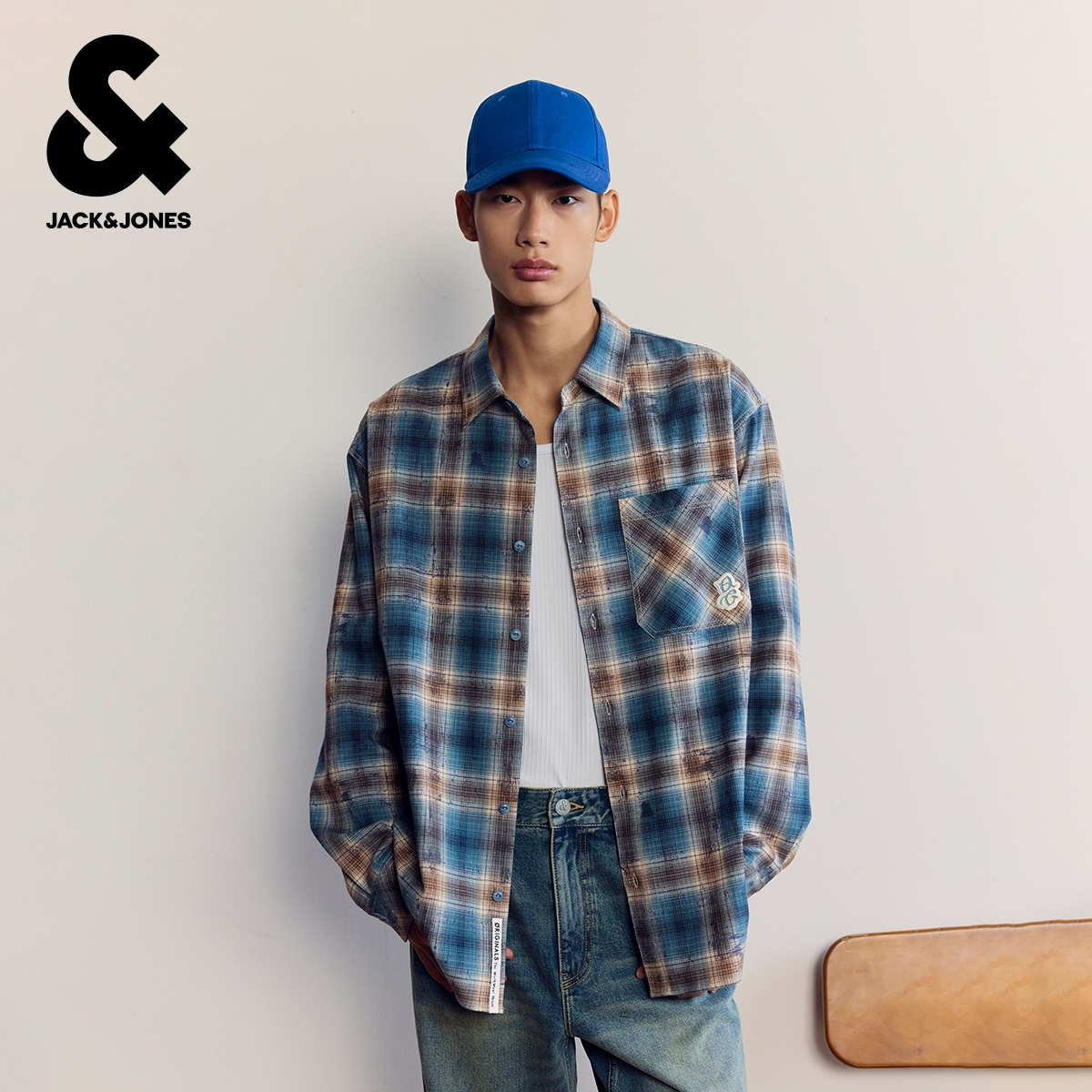 杰克琼斯男生秋季衣身格纹衬衫2025年新款纯棉长袖质感上衣