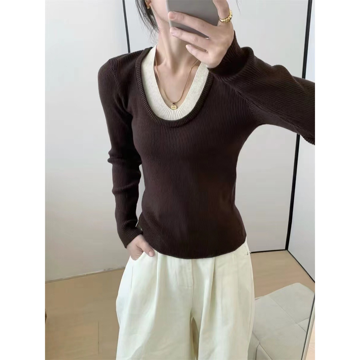 J-7648#闰熙#【定制面料】高弹力廓形好领口撞色U领毛衣（福利）