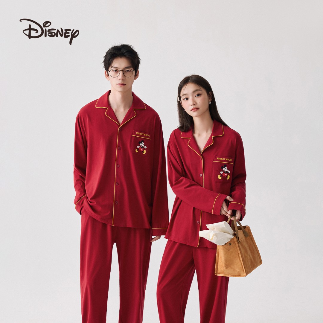 迪士尼莫代尔棉可外穿红色婚庆休闲情侣长袖睡衣家居服套装