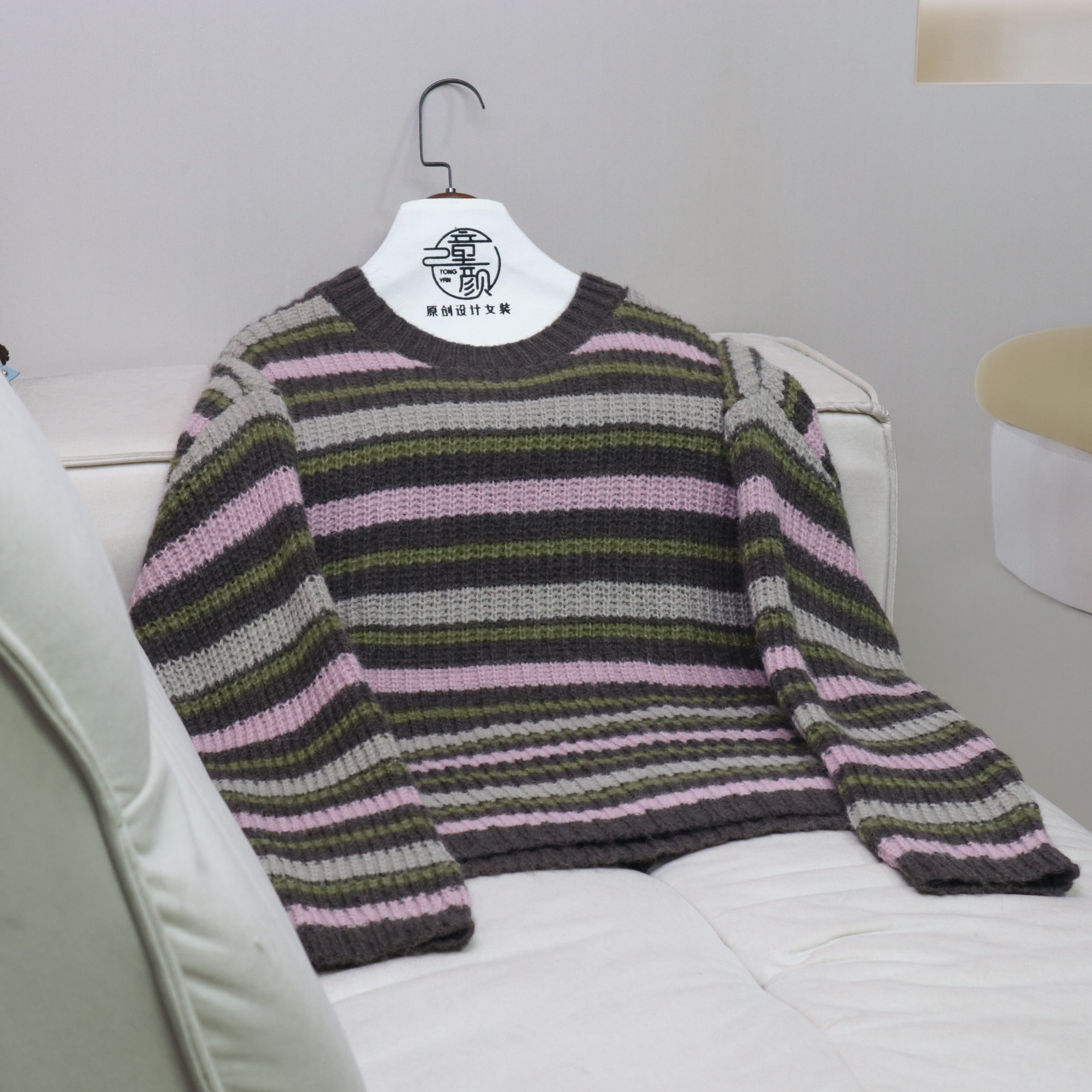 【13130】高品质原创设计咖色百搭慵懒风撞色条纹毛衣D