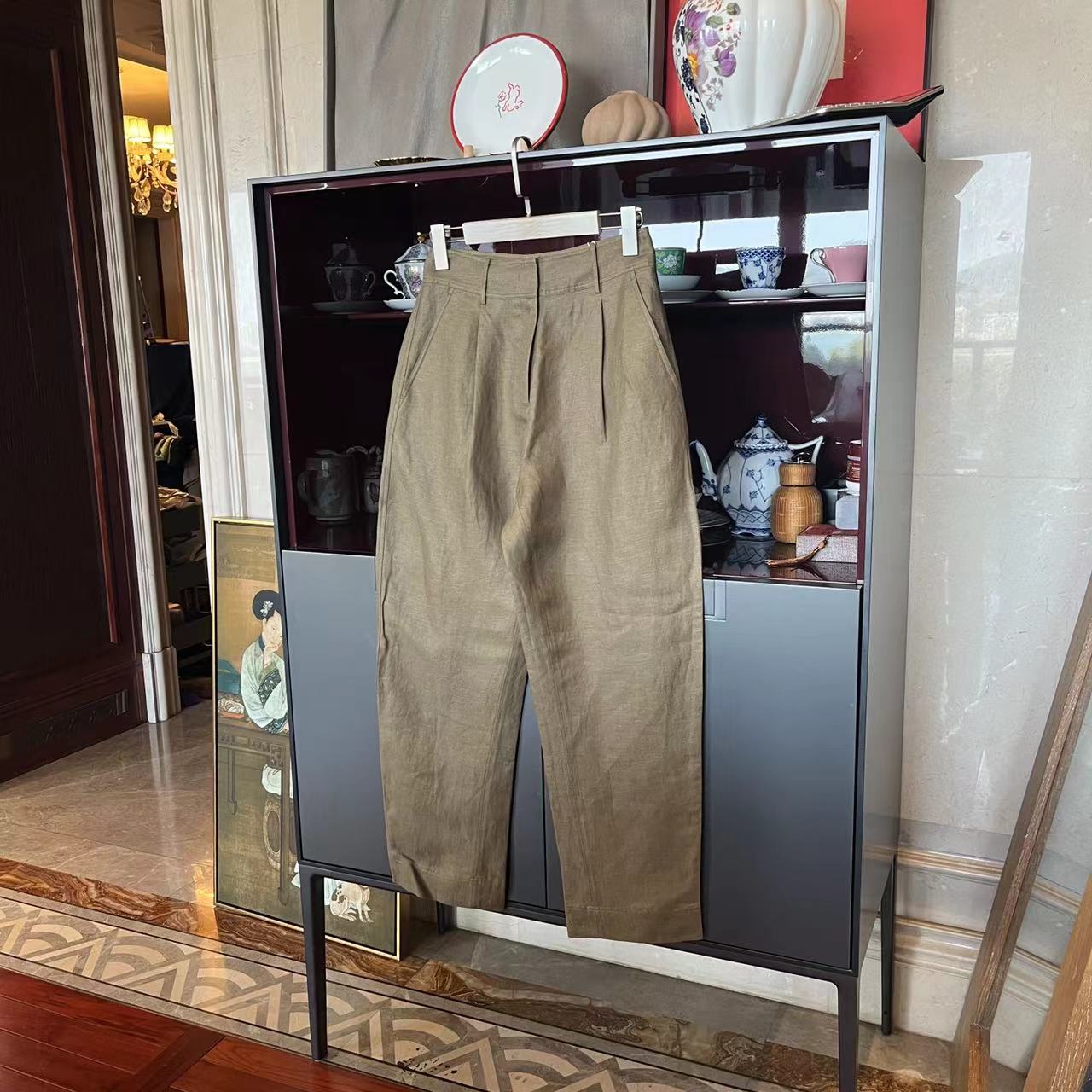 MYL2024春季新品丝麻牛油果色休闲裤中腰直筒纯色休闲长裤