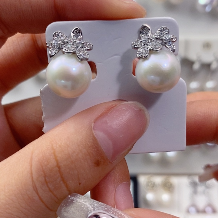 耳饰银S925镶嵌淡水珍珠