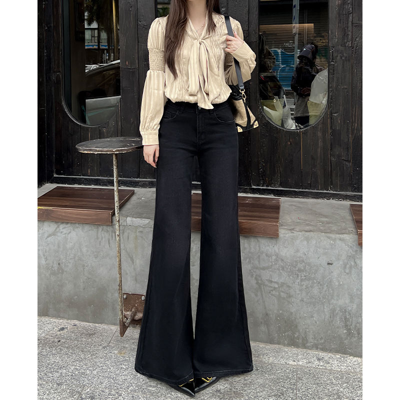 黑灰色牛仔裤女2025秋季新款高腰宽松显瘦不贴腿微喇百搭拖地裤
