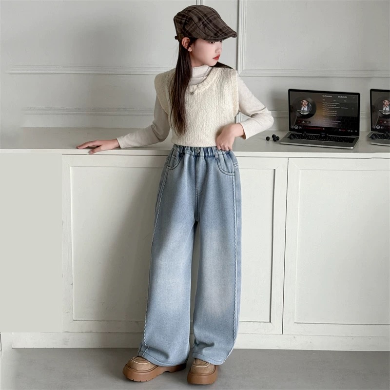 加绒浅色牛仔直筒阔腿加厚女童牛仔裤 A817 817 Q1