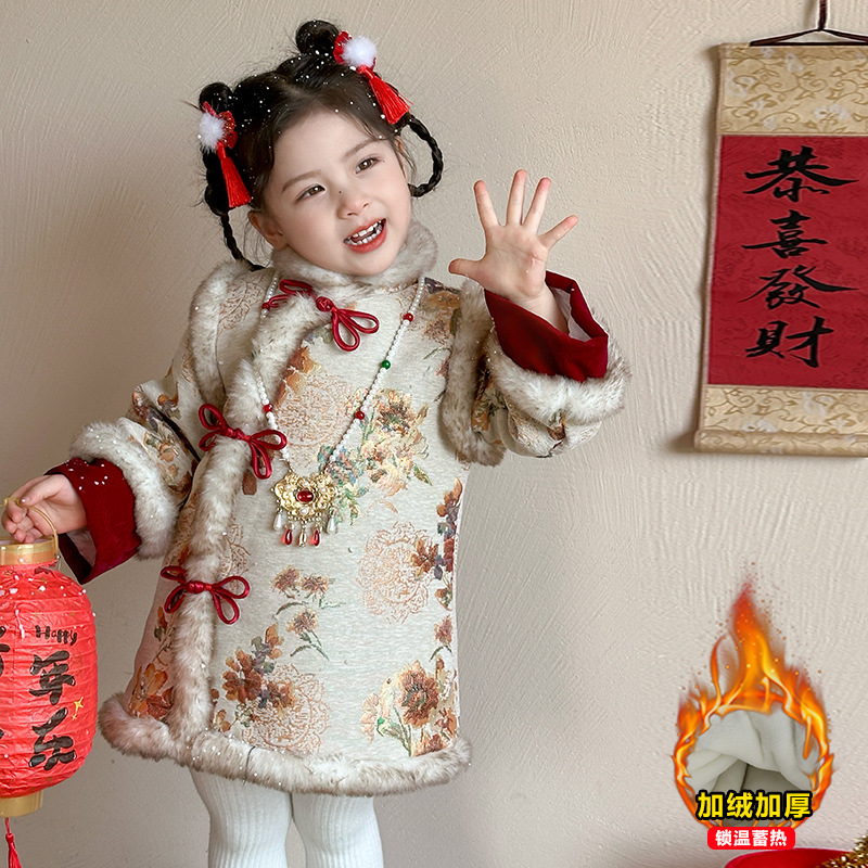 拜年服女童汉服冬季儿童加绒旗袍裙宝宝国风棉服中式喜庆新年衣服