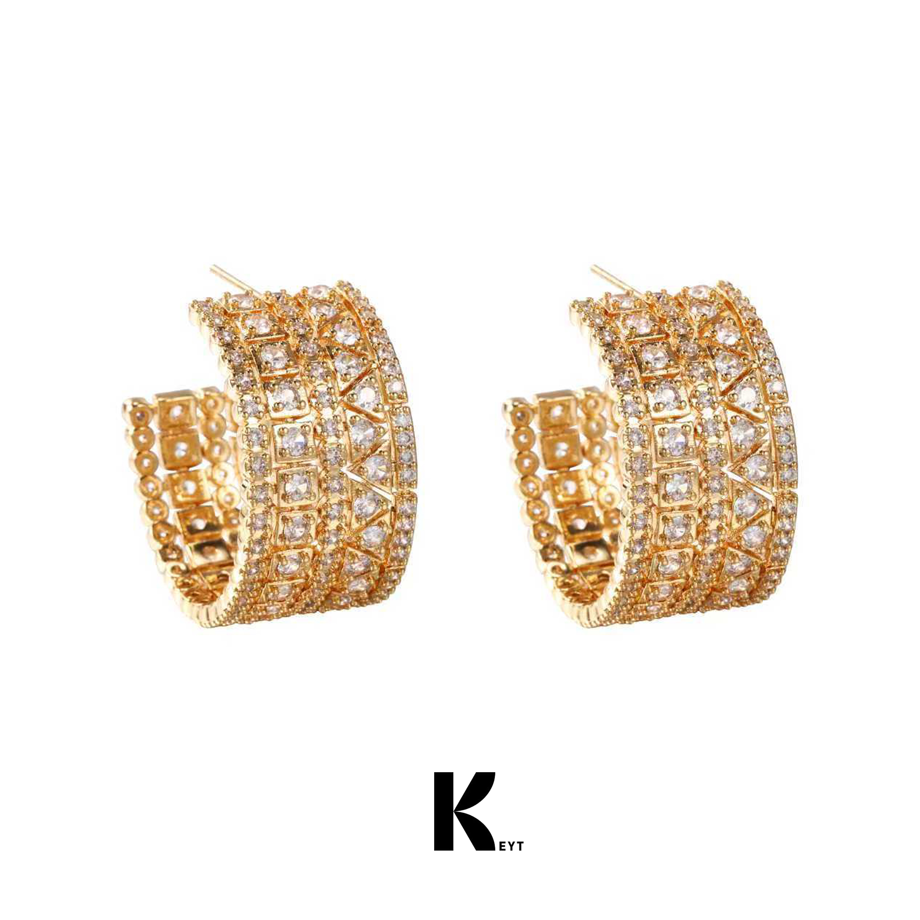 合金锆石耳饰 KEYT金银双色几何锆石大耳圈