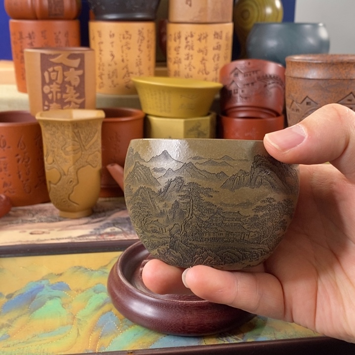 紫砂茶杯山水蟹壳青缸杯