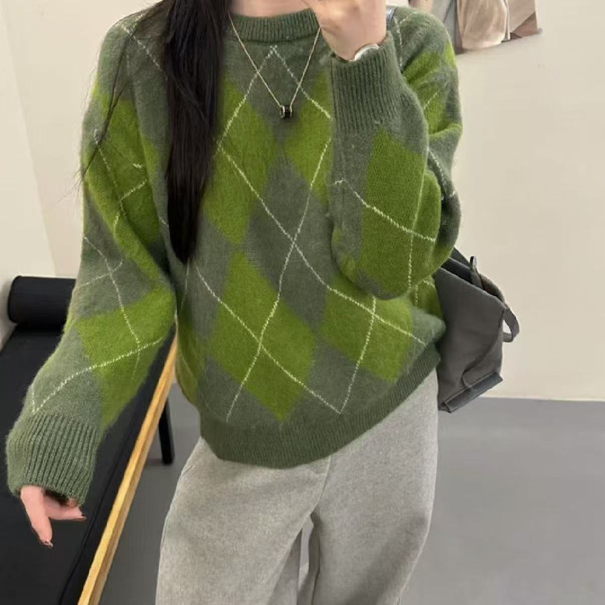 新款羊毛拉绒冬季知性风新款法式菱格女士毛衣