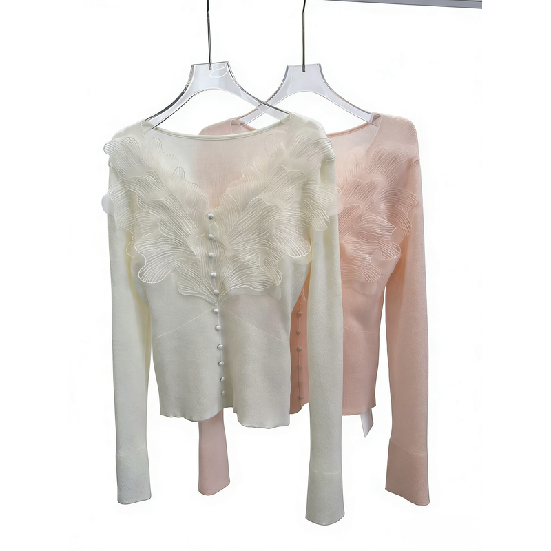 秋冬新款法式蕾丝V领修身显瘦温柔气质针织打底衫上衣L-29076