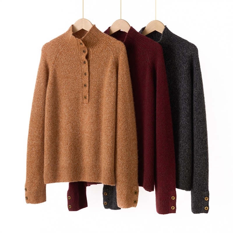 75%山羊绒25%桑蚕丝-花纱加厚半高领女士秋冬宽松针织打底毛衣