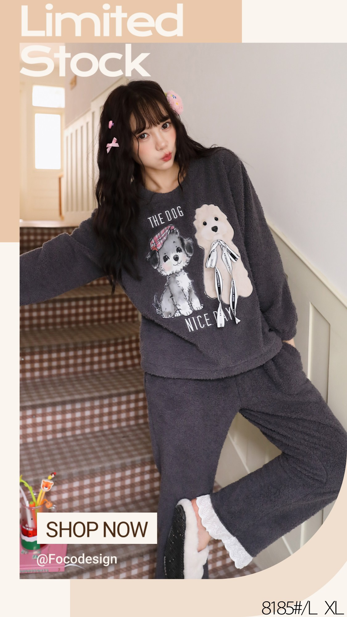 少女感字母小熊印花半边绒加厚冬季女款宽松遮肉睡衣家居服