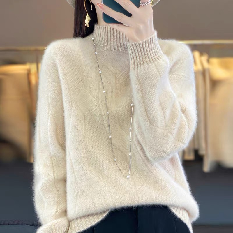 100%纯羊毛扭花半高领女宽松加厚毛衣秋冬套头羊毛衫针织打底衫