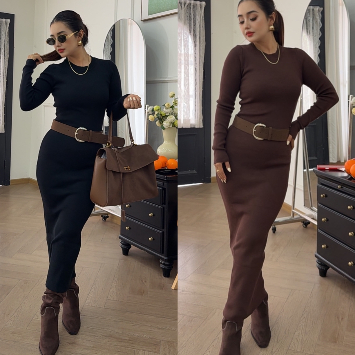 针织长袖纯色显瘦秋冬针织连衣裙