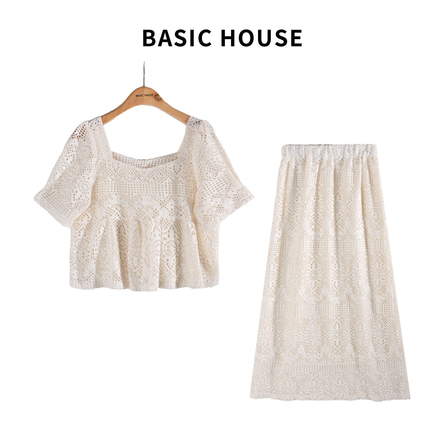 Basic House百家好A镂空碎花套装气质温柔减龄套装B0503B5U422