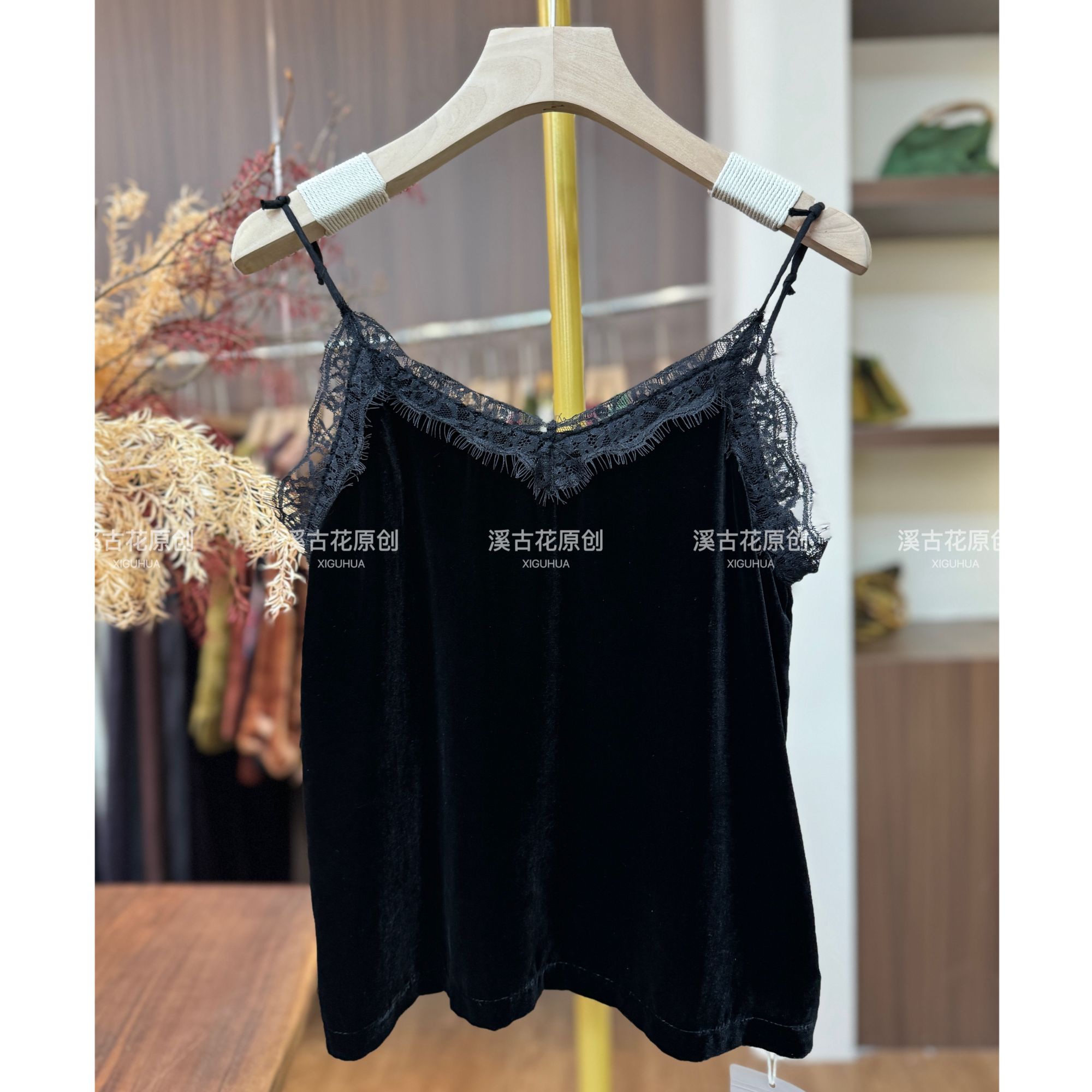 【蕾丝吊带】 溪古花原创真丝丝绒吊带女百搭蕾丝拼接打底背心高级