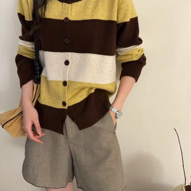 针织条纹圆领拼接宽松型毛针织衫宽松秋冬韩版拼色