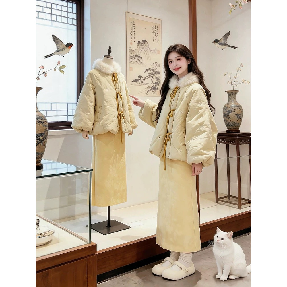 冬装一整套新中式女装国风毛领棉服外套叠穿连衣裙子套装