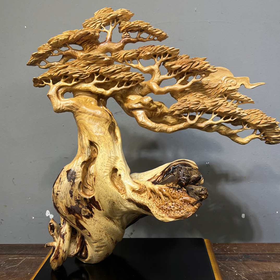 太行崖柏精雕新品，迎客松，规格长56宽26高61