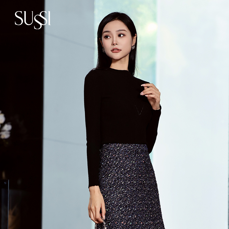 SUSSI/古色冬商场同款黑色修身长袖毛针织衫上衣女