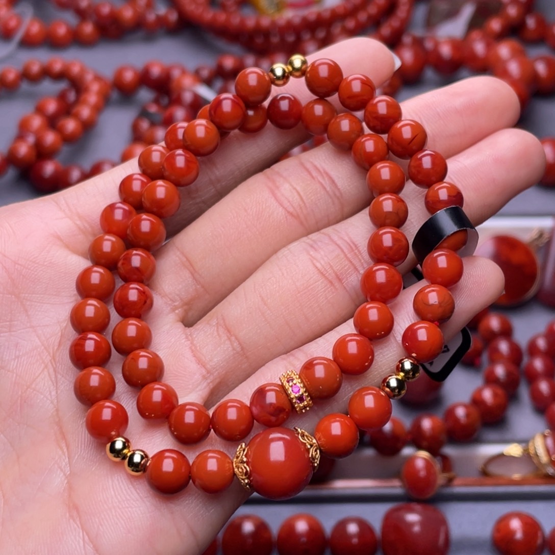 南红玛瑙未镶嵌其他天然原矿）高品6.8mm瓦西柿子满肉双圈