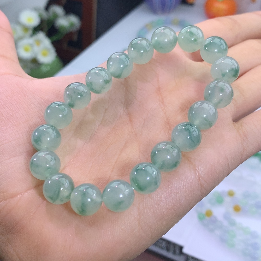 翡翠未镶嵌手链16号 冰飘绿花手串