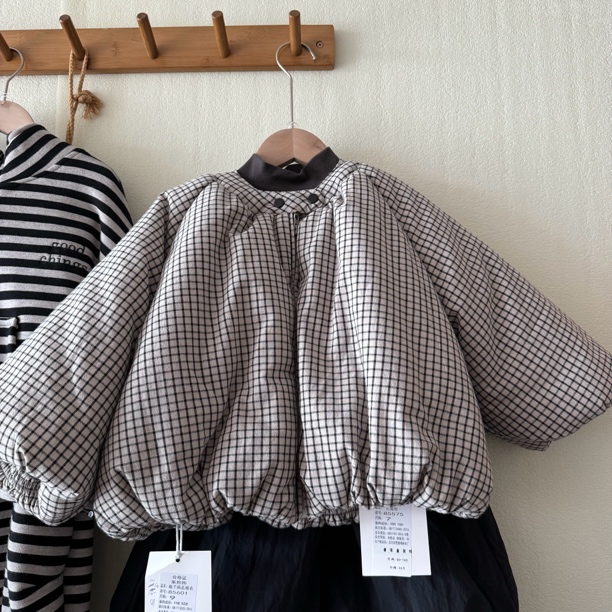 冬季女童韩系格子棉服加绒加厚保暖外套百搭洋气棉袄潮
